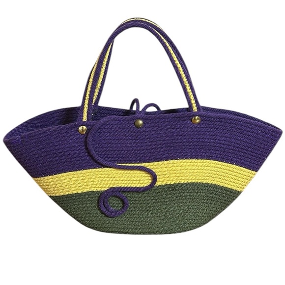 Unique Woven Rope Jute Bucket Floral Embroidered Purple and Green Handbag - Picture 2 of 16